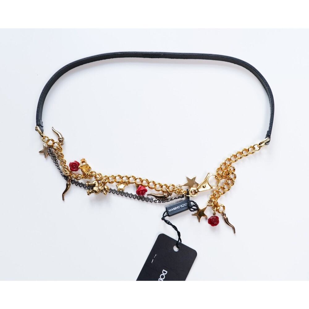 Dolce & Gabbana Vintage Gold Unique Flower Charm Leather Belt